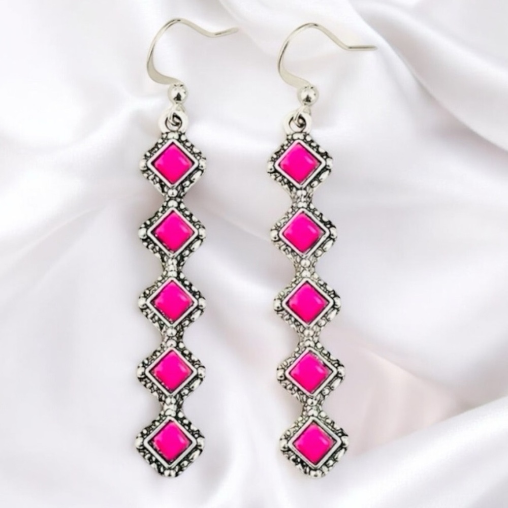 🆕 New Silver & Pink Geometric Drop Boho Earrings